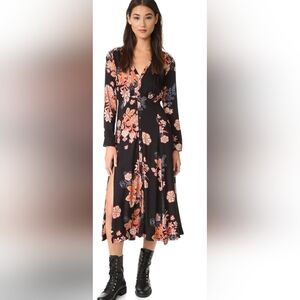 Free People Miranda Floral Printed Black Whimsigoth Boho Midi Dress Women's 12